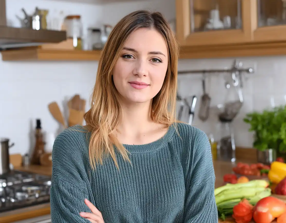 Maya Marin Portrait Maya Marin cooking seafood in a home kitchen