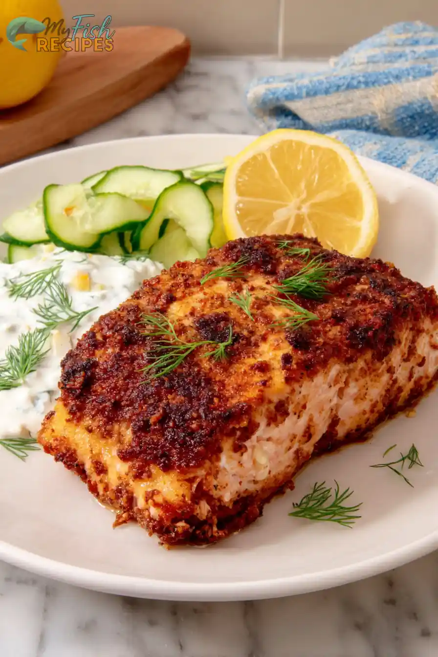 Homepage 27 Pan-Seared Smoked Paprika Salmon with Cucumber Dill Yogurt Sauce