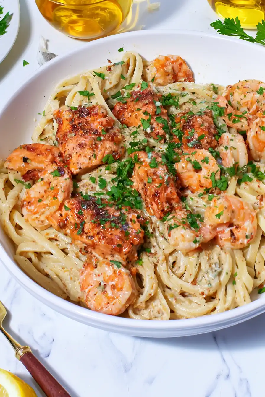 Creamy Garlic Salmon and Shrimp Pasta